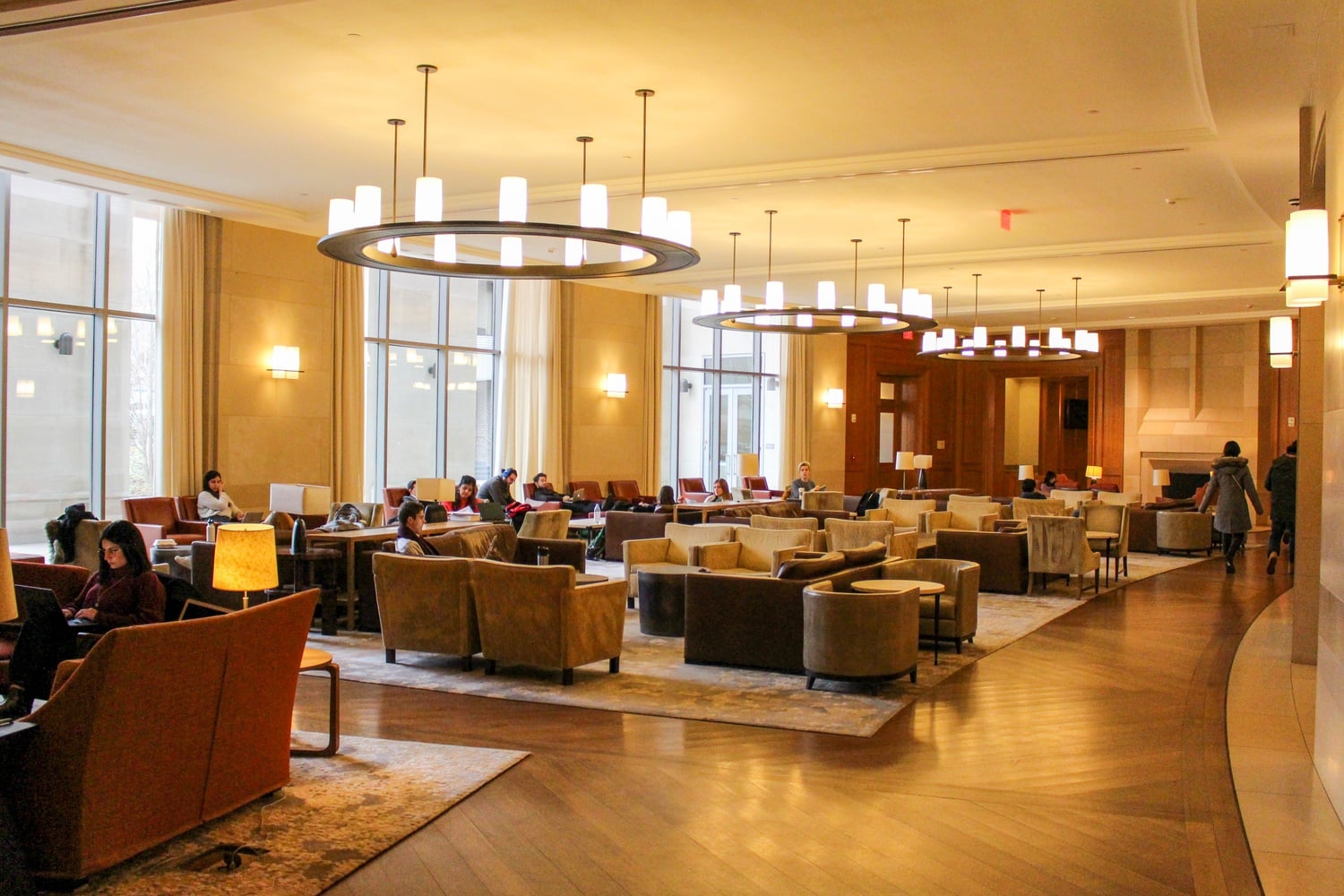 Students gather in Wasserstein Hall at Harvard Law School.