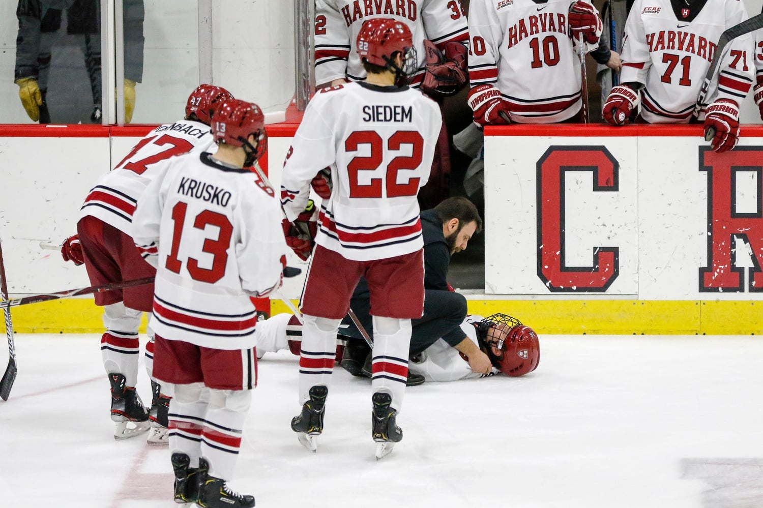 Brown's Colin Burston hit Harvard's Jack Drury from behind, earning a game misconduct and sending his Bears down a man for five non-releasable minutes.