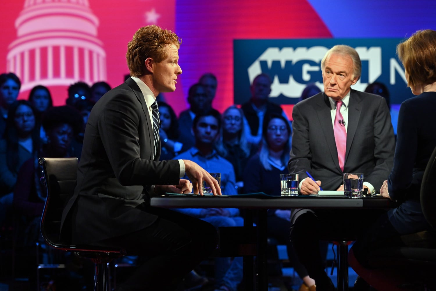 U.S. Representative Joseph P. Kennedy III (D-Mass.) and incumbent Senator Edward J. Markey (D-Mass.) debate at WGBH Tuesday.