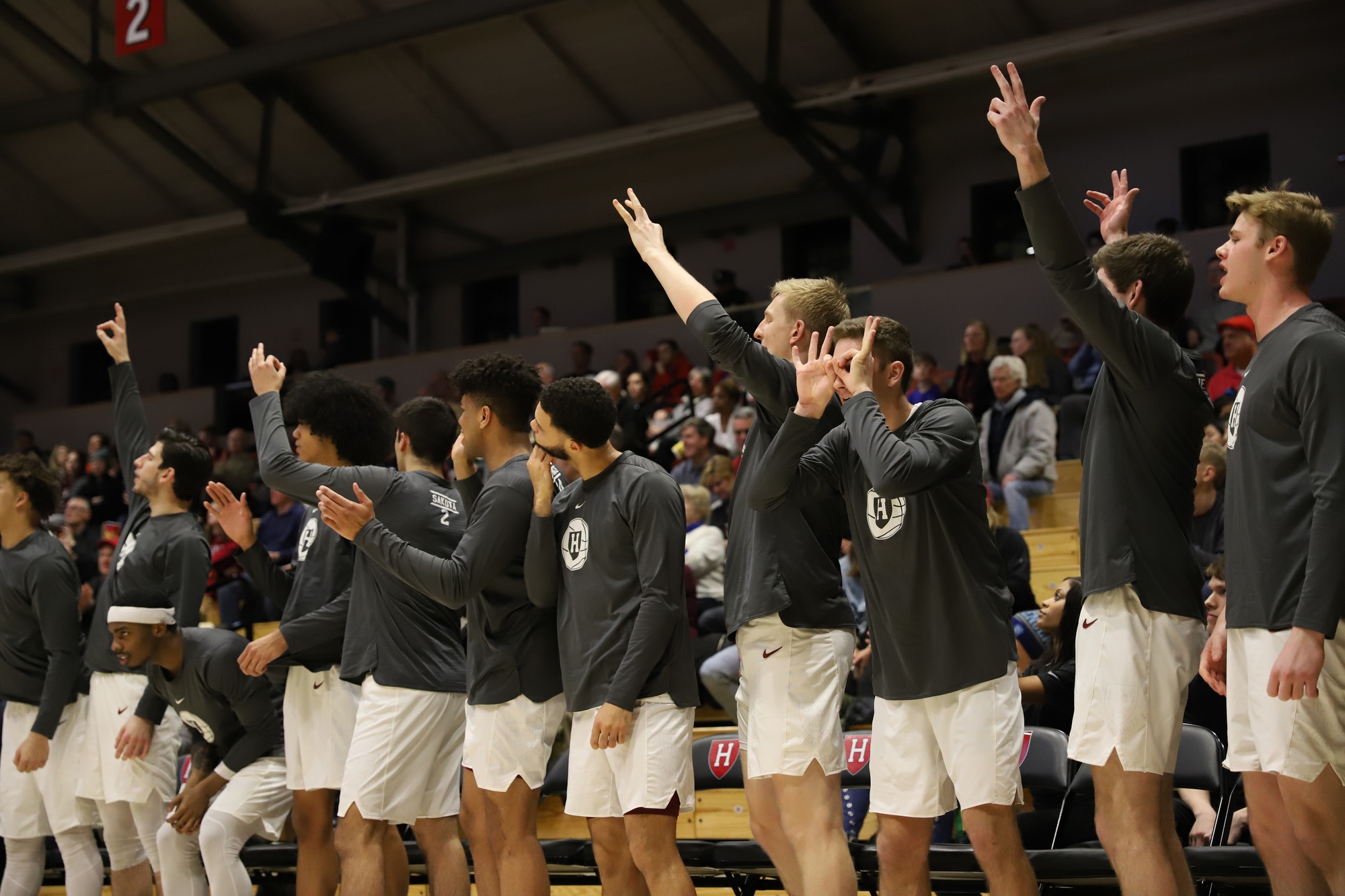 Harvard's bench celebrates a three pointer in a blowout win over Cornell. The Crimson will hope for more performances like that one down the stretch.