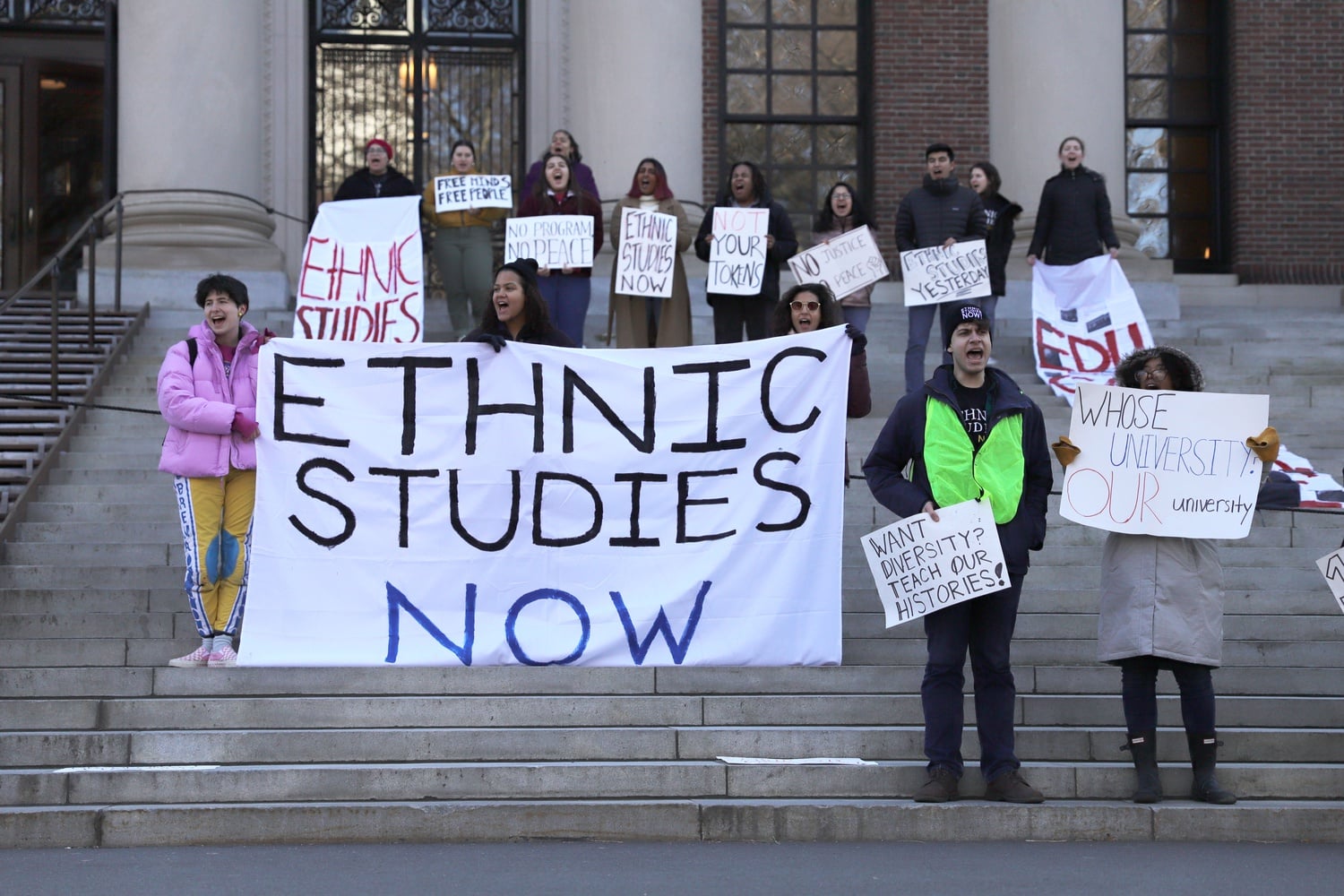 Students protesting on the steps of Widener Library demand that Harvard creates an Ethnic Studies department and multicultural center.