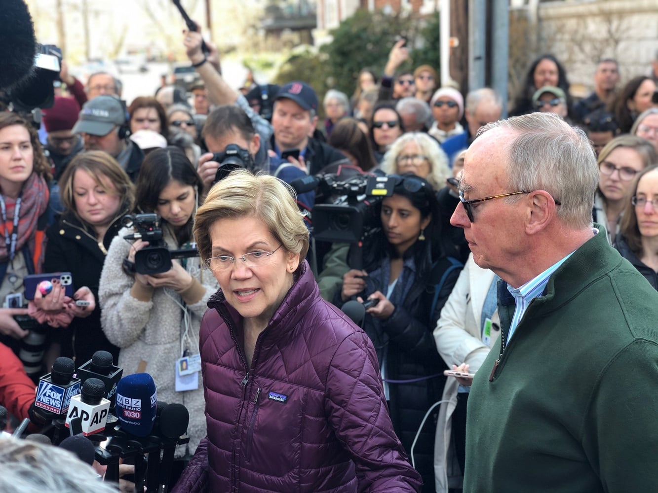 U.S. Senator Elizabeth Warren (D-Mass.) speaks at a Cambridge press conference following her announcement that she would suspend her bid for the presidency.