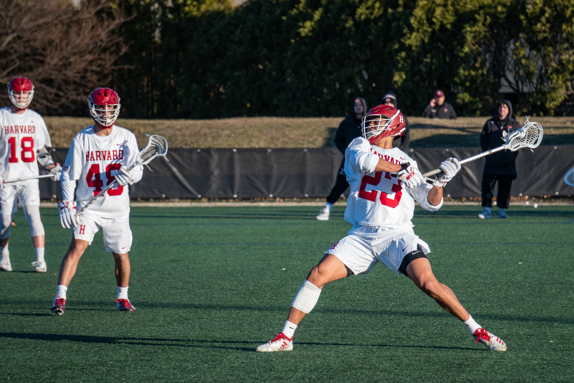 Sophomore midfielder Isaiah Dawson rips a shot against Fairfield. The Chula Vista, Calif., native scored one of Harvard's 15 goals in the win.