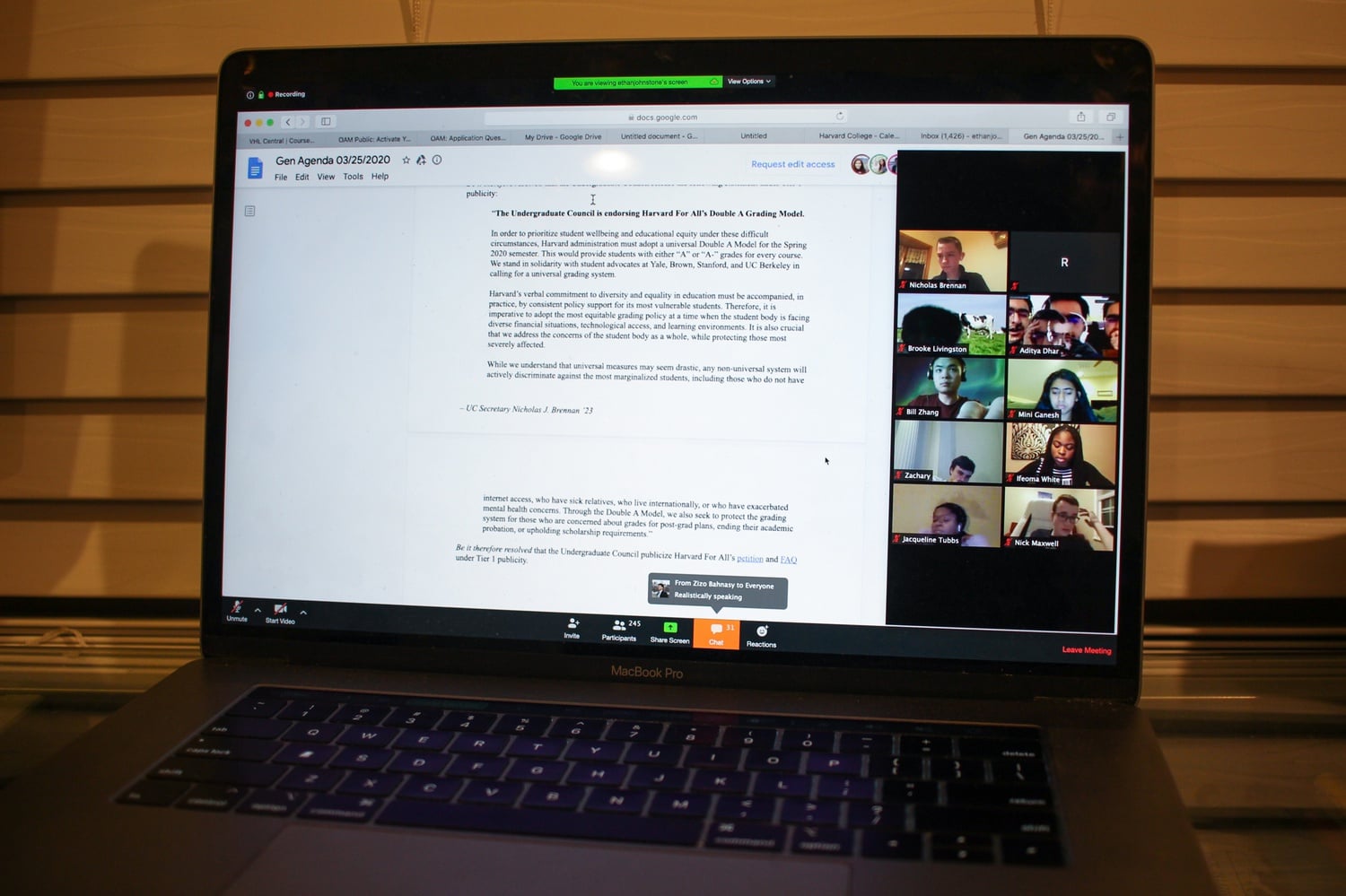 Due to the university's transition to remote learning, the Undergraduate Council hosted a virtual Zoom emergency meeting, open to the public, regarding endorsements of grading policies to the university administration.