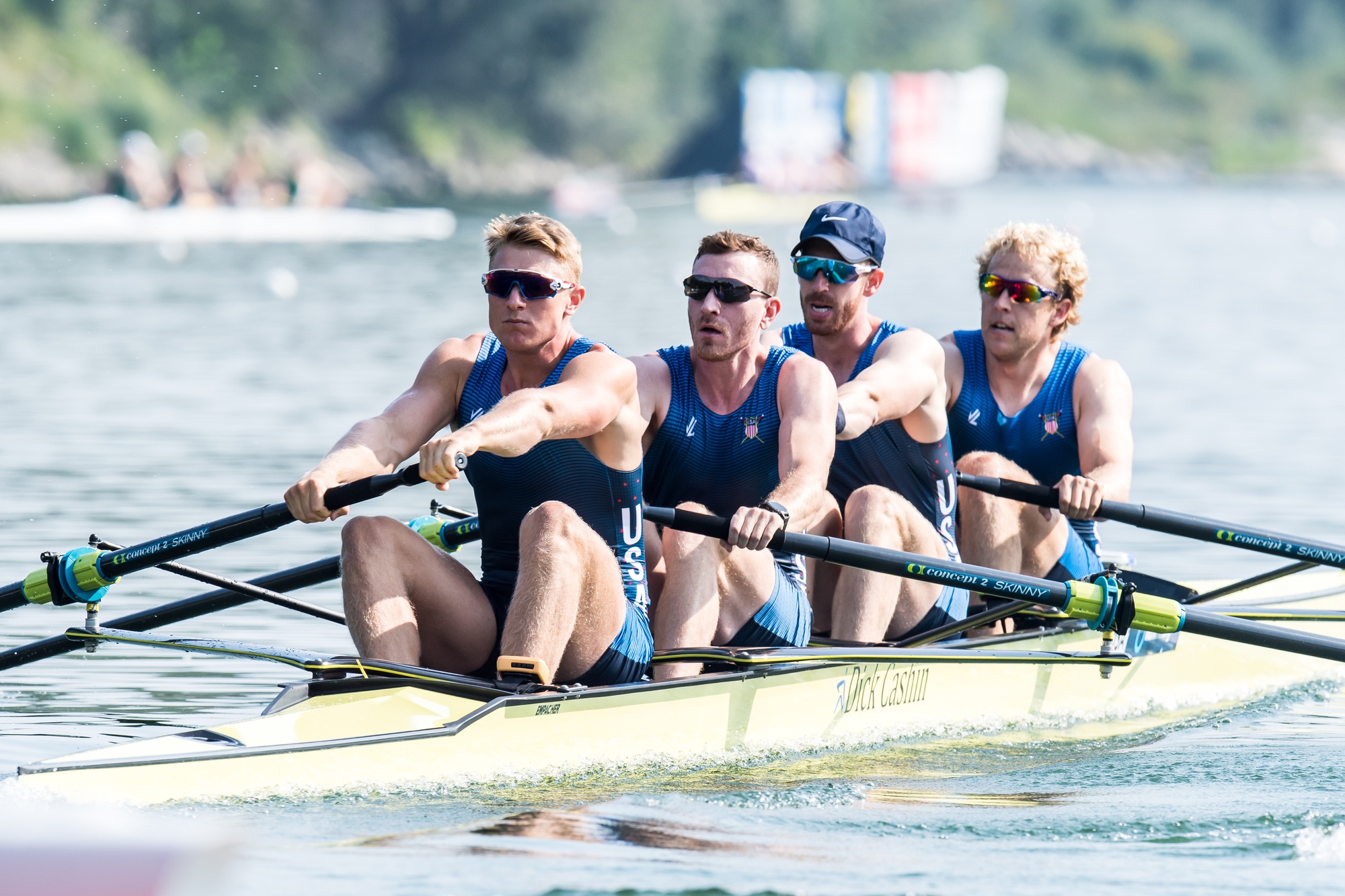 Clark Dean, pictured in the foreground, helped power these four Americans to a top-eight finish at the 2019 World Championships. The Harvard rower had hoped to earn a chance to replicate this international success at the 2020 Olympics, but the COVID-19 pandemic has put his training schedule in an uncertain place.