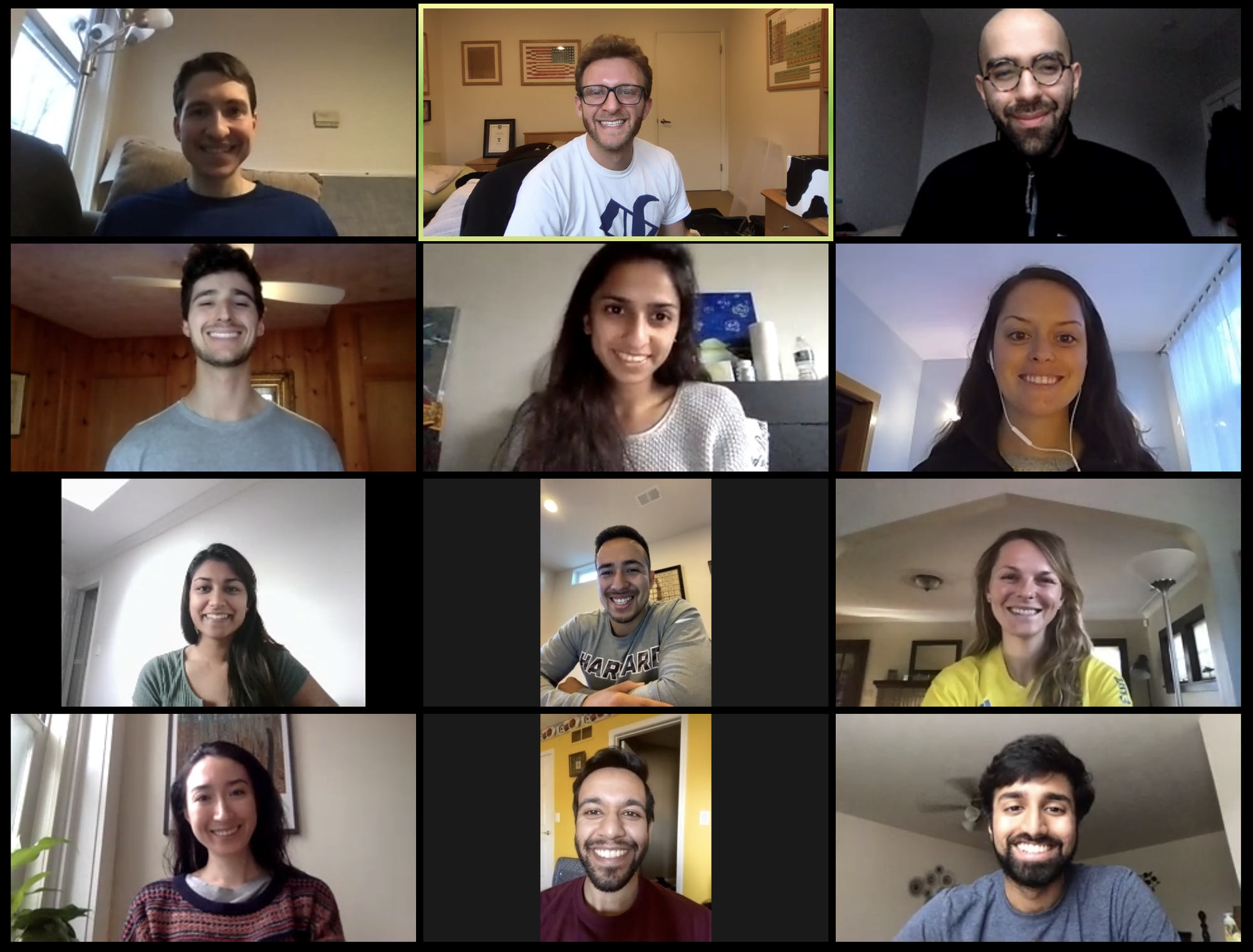 The leadership of the HMS COVID-19 Student Response Team — Michael Kochis, Derek Soled, Parsa Erfani, Benjamin Levy, Kruti Vora, Grace Baldwin, Shivangi Goel, David Velasquez, Kirstin Woody Scott, Danika Barry, Nishant Uppal, and Nicholos Joseph — meet on Zoom.