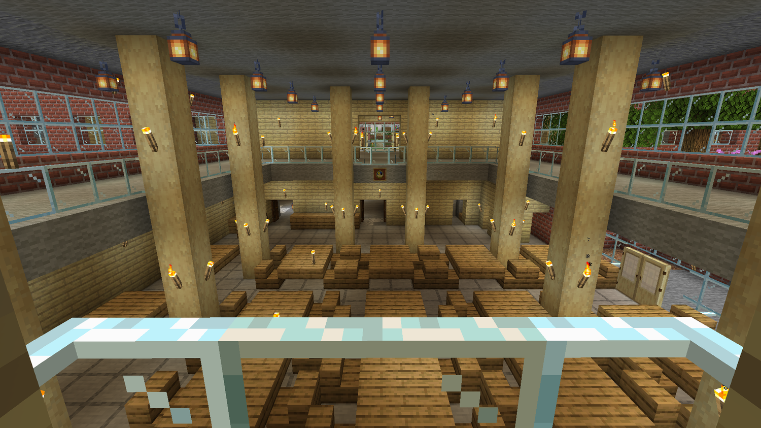 Pfoho's iconic, two-level dining hall has a slightly different feel in Minecraft.