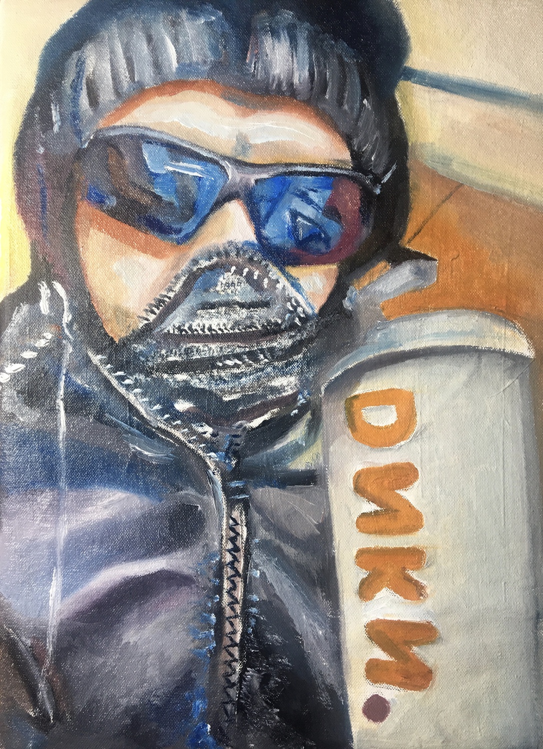 Cambridge resident Emily Ottinger submitted several paintings to the collection, including this one, she created based on photos of masked people around Cambridge and Boston.