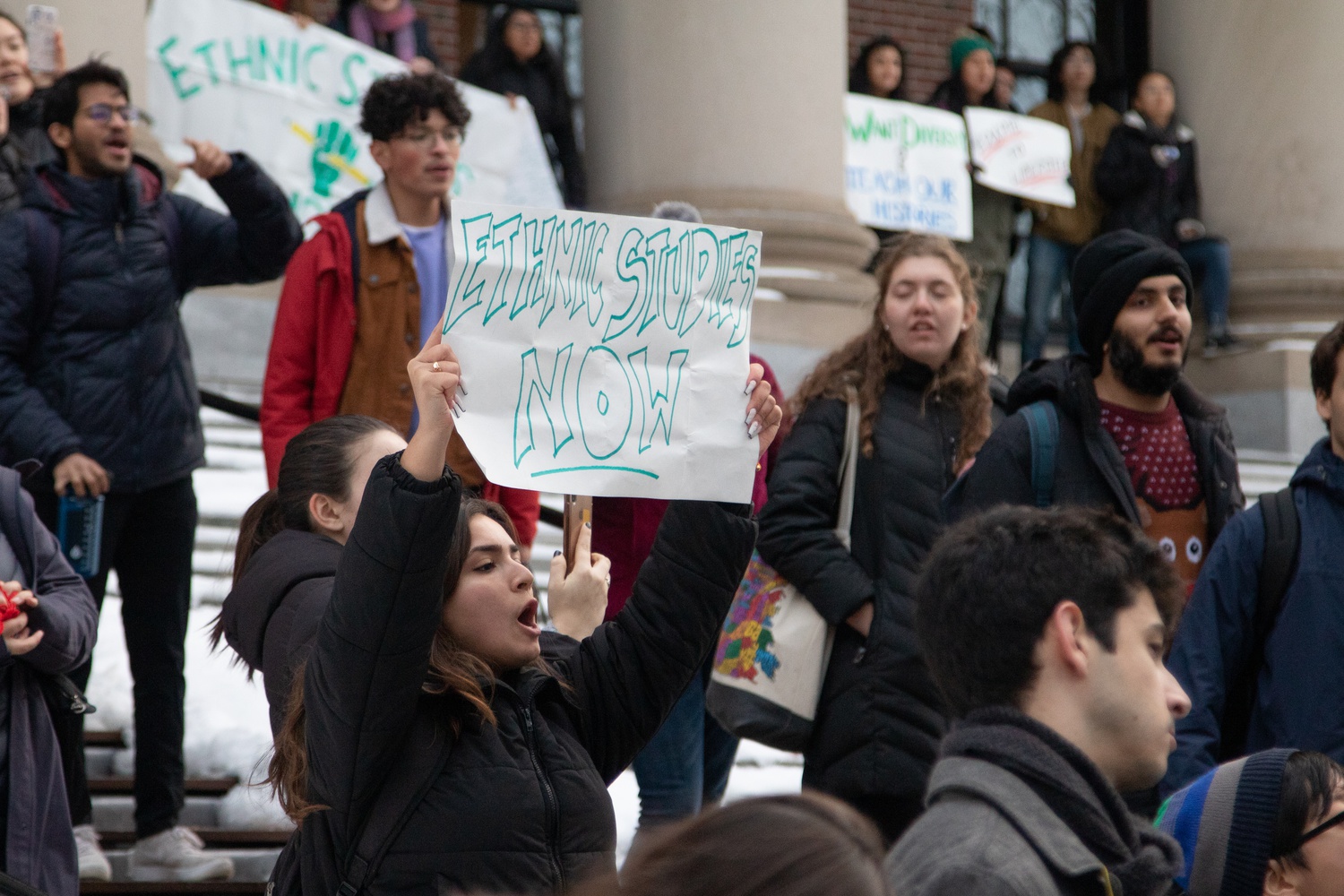 Advocates for a formalized Ethnic Studies program at Harvard rallied in front of Widener Library in early December 2019 after the University’s decision to deny tenure to Romance Languages and Literatures associate professor Lorgia García Peña.