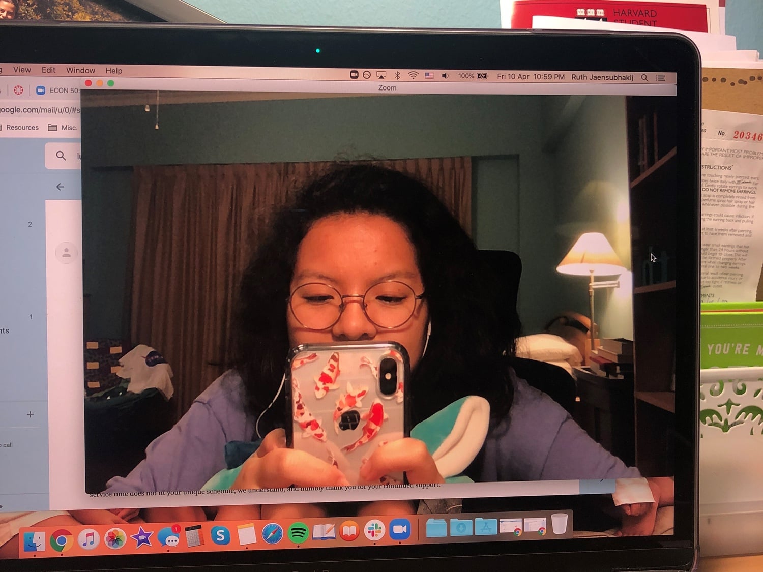 Ruth H. Jaensubhakij ’22, whose sleep schedule has taken an erratic turn, attempts to connect to a Zoom class in Cambridge, Mass. from her home in Singapore.