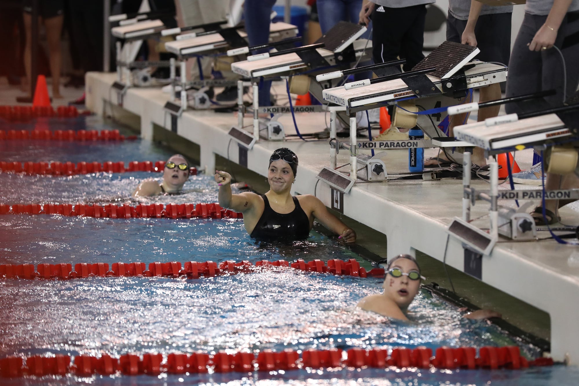 First-year Felicia Pasadyn (pictured in the middle) celebrates in the moments following one of her finishes in what would become a record-setting Ivy Championships.