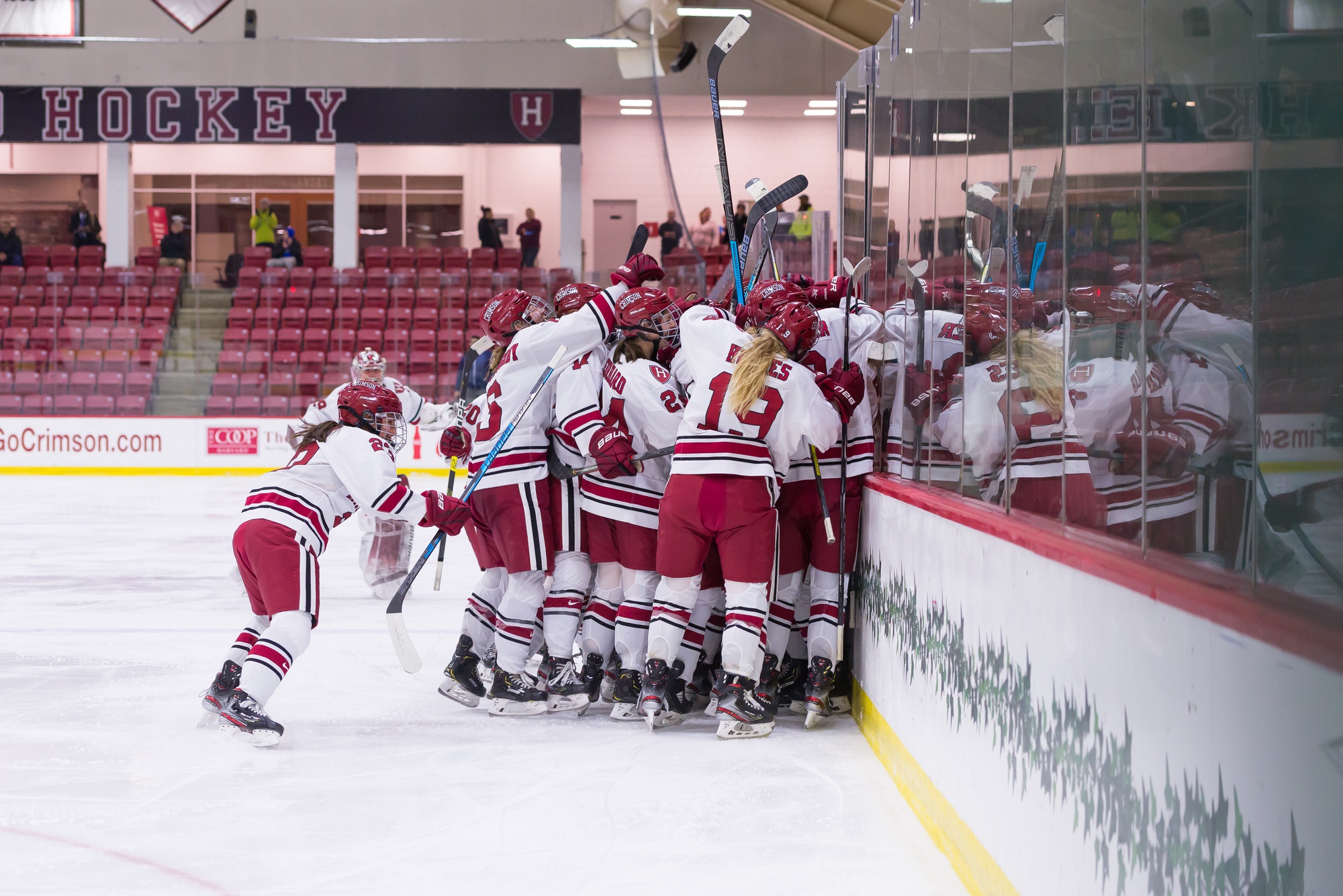 Harvard players sprint from the bench and all parts of the ice to congregate and celebrate Gilmore's OT game-winner, plus an ECAC semifinals berth.