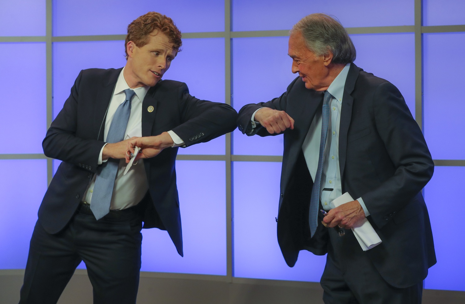 United States Representative Joseph P. Kennedy III (D-Mass.) and U.S. Senator Edward J. Markey (D-Mass.) greet each other at a previous debate at Western Mass News' studios in Springfield, Mass.