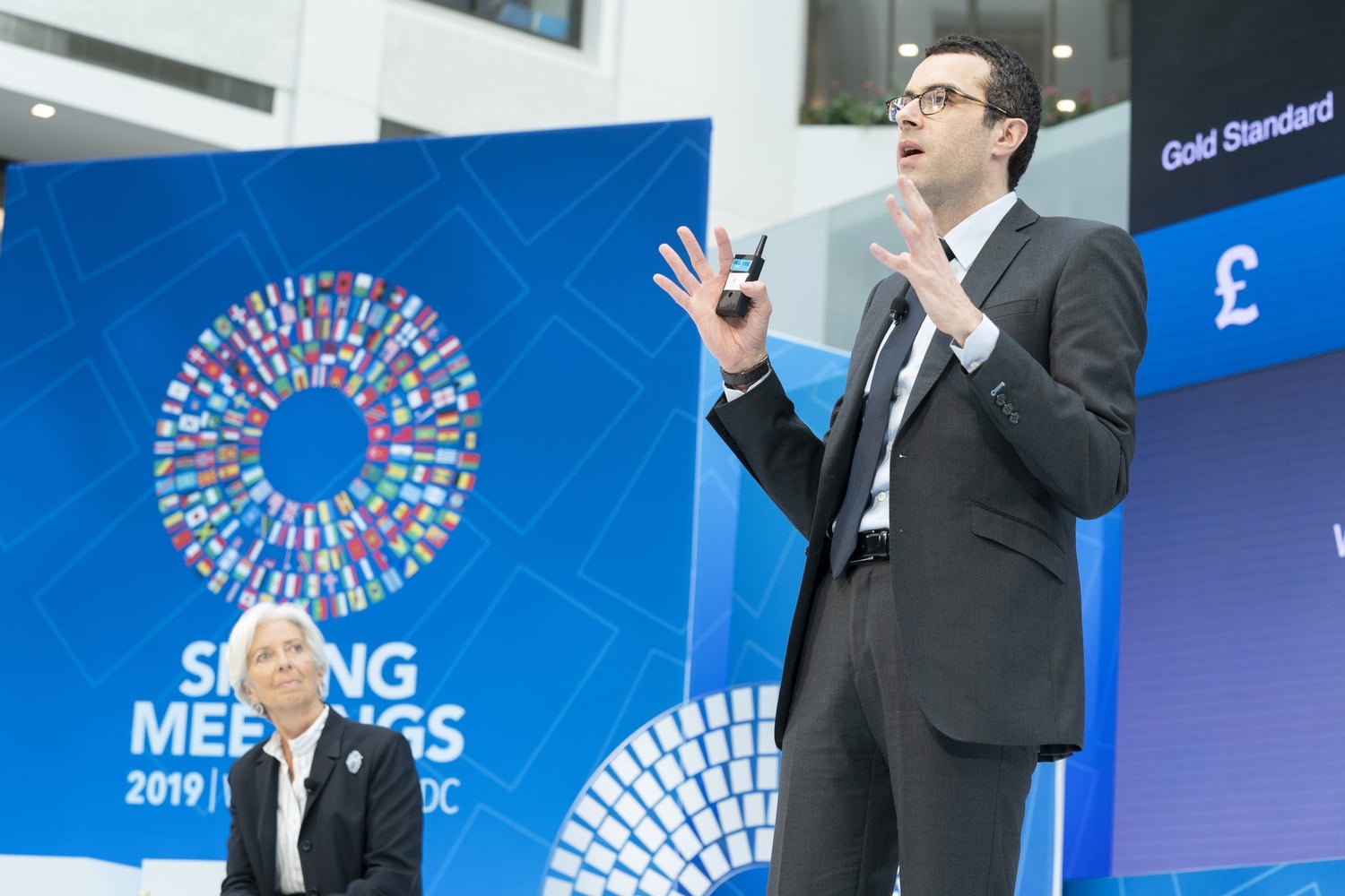 Harvard economics professor Emmanuel Farhi speaks at the 2019 IMF/World Bank Spring Meetings in Washington, D.C.