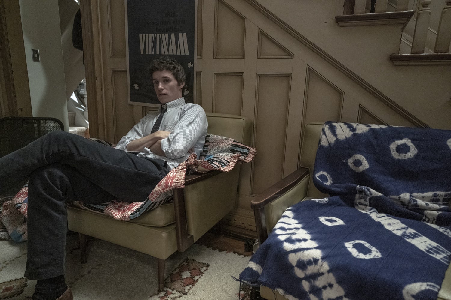 Eddie Redmayne stars as Tom Hayden in "The Trial of the Chicago 7" (2020), directed by Aaron Sorkin.