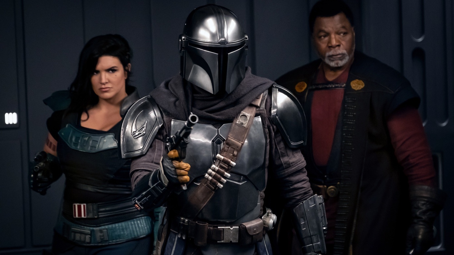 Gina Carano is Cara Dune, Pedro Pascal is the Mandalorian, and Carl Weathers is Greef Karga in Season Two of 'The Mandalorian,' premiering on Oct. 30.