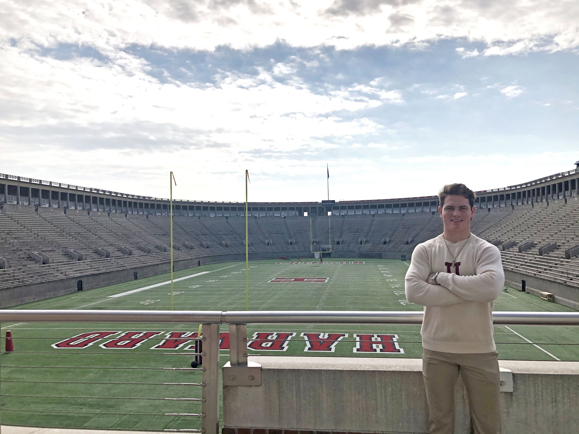 First-year Brock Locnikar poses in Harvard Stadium, but he hopes to take the field as a player soon. Until then, he will be taking on a different kind of contact sport: mixed martial arts.
