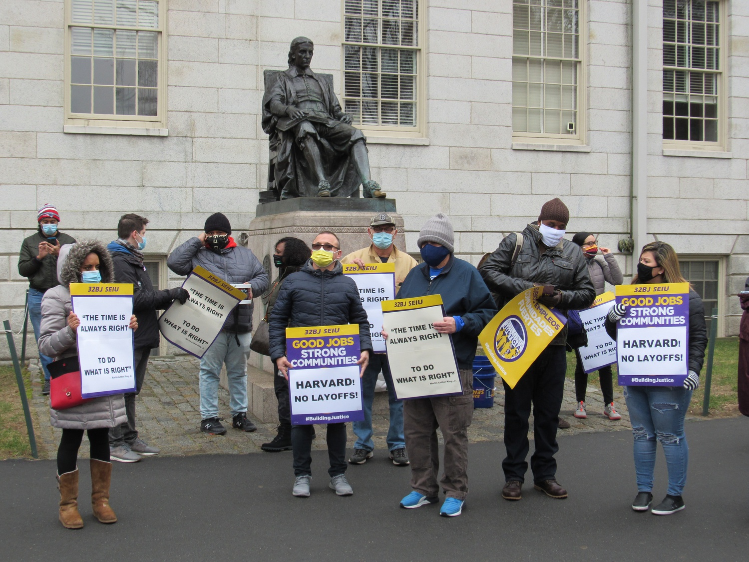 32BJ Service Employees International Union and Local 26 organized the rally to call for contracted employees idled by the pandemic to receive paid leave in the spring.