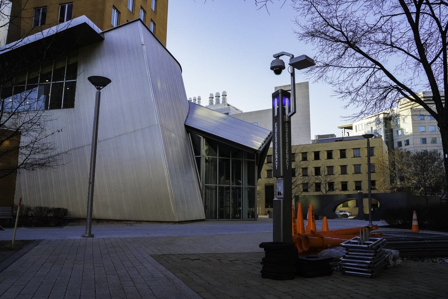Blue light emergency phones located throughout the MIT campus allow students to call for help in the event of an emergency.