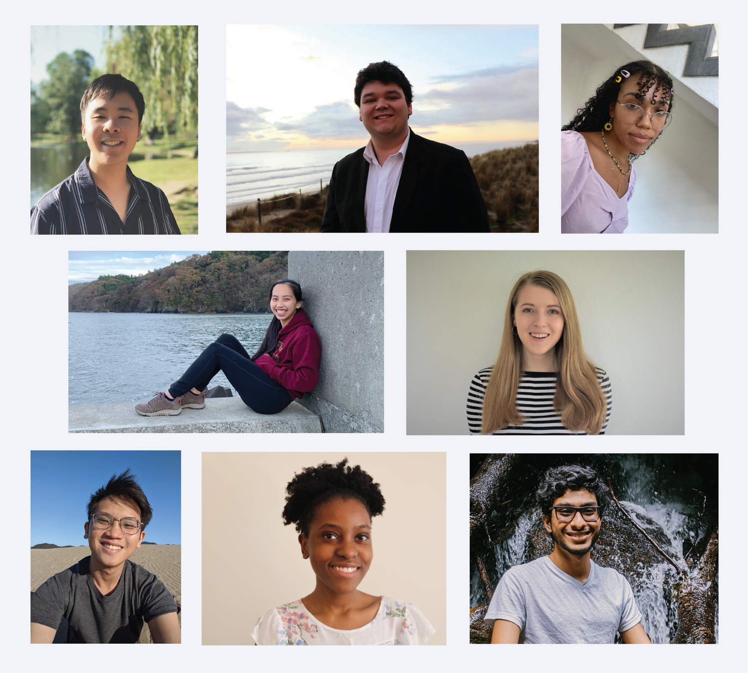 International freshmen, some pictured here, spent their first semester at Harvard scattered around the world. Clockwise from top left, Palis “Fresh” Pisuttisarun '24 of Thailand, Samuel H. Taylor '24 of New Zealand, Matilda Marcus '24 of England, Ana Breznik '24 of Slovenia, V. Suneragiri P. Liyanage '24 of Sri Lanka, Fadzai M. Ngwerume '24 of South Africa, Samuel Ho '24 of Singapore, and Sakiko Miyazaki '24 of Japan.