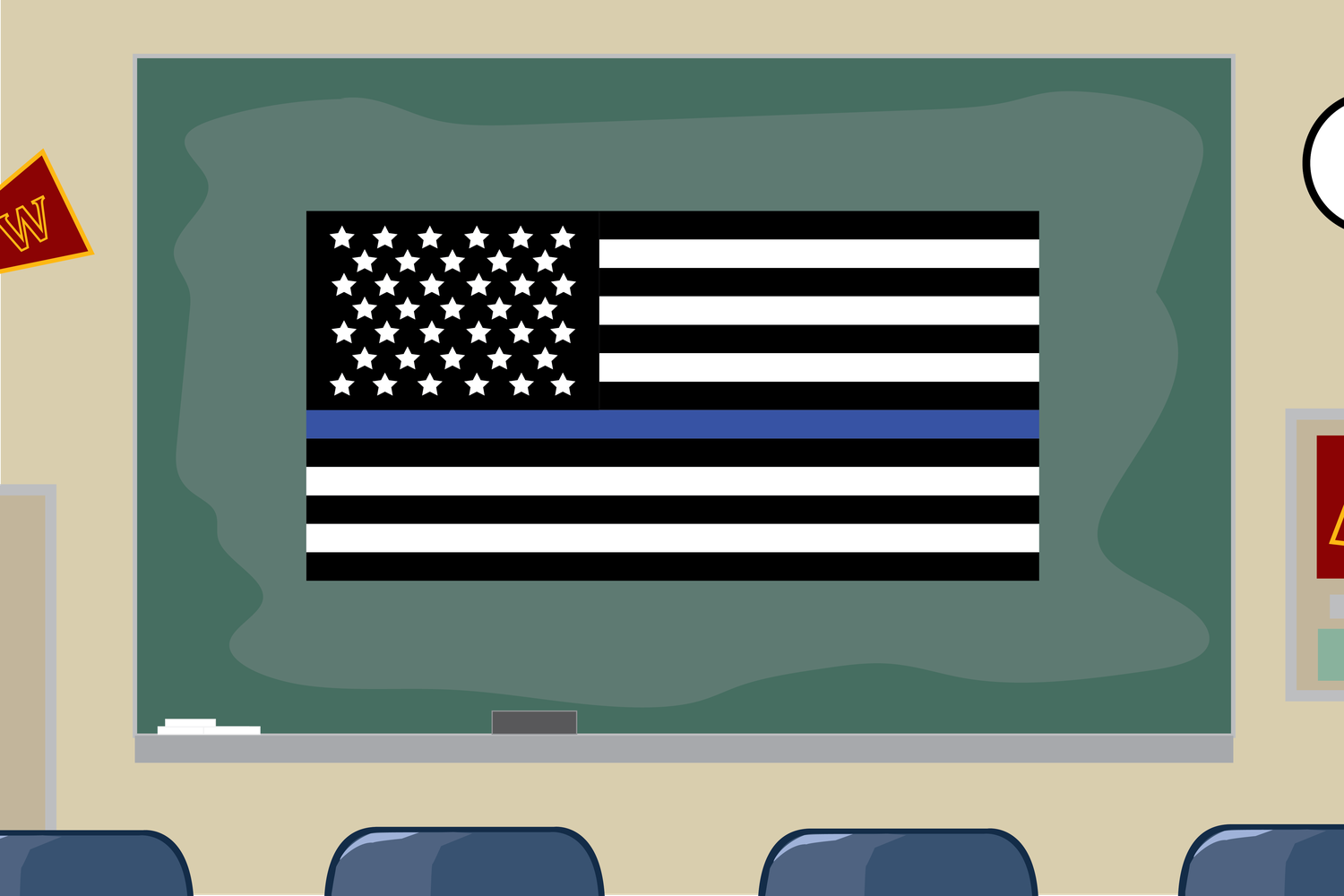 A Blue Lives Matter hangs in a classroom in Weymouth, Mass.