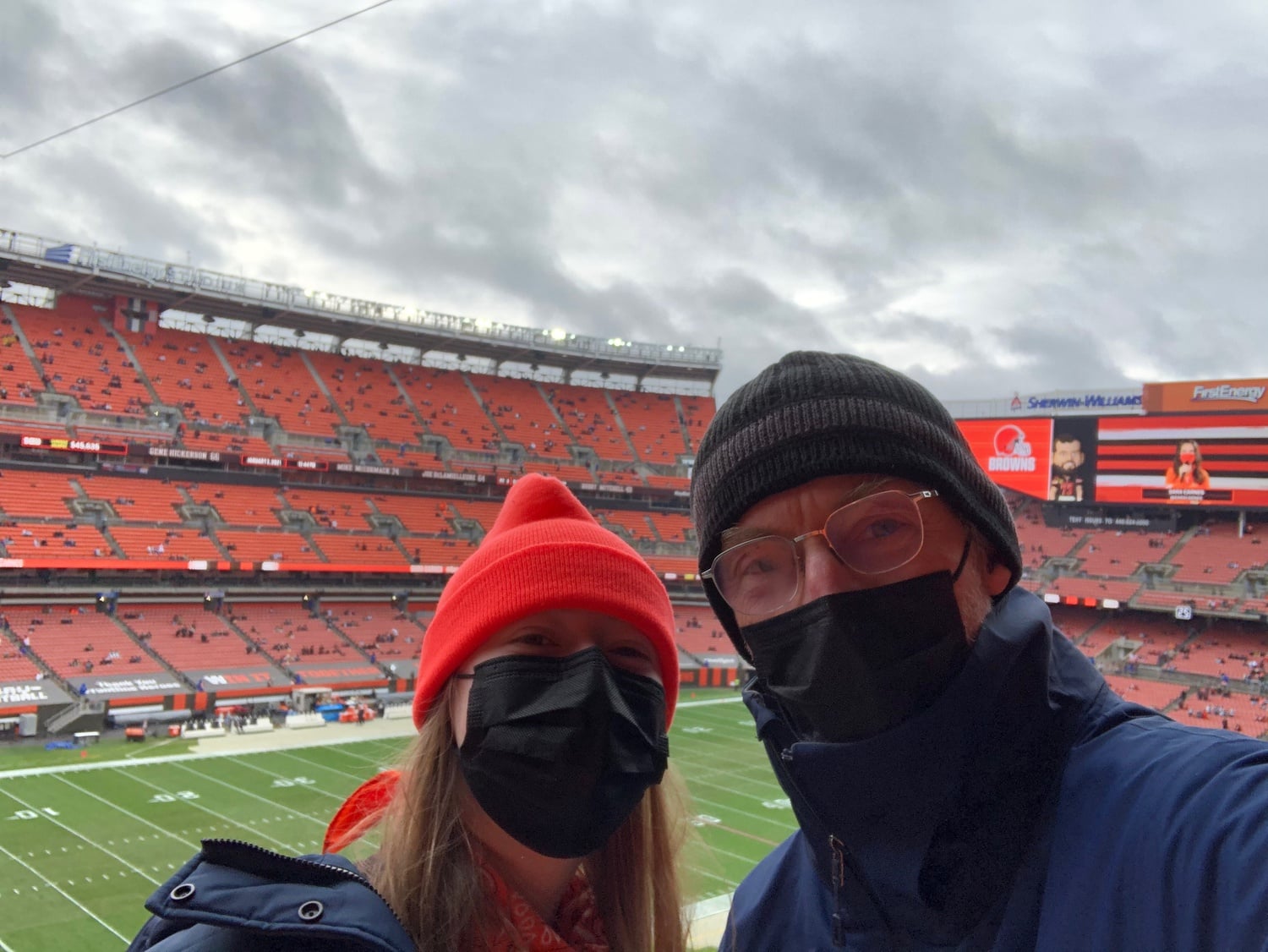 Papanek poses at the Week 17 Browns vs. Steelers game that clinched playoff berth for the Browns for the first time since 2002.