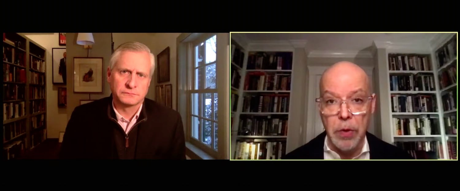 History professor Fredrik Logevall (right) spoke with Pulitzer-prize winning historian and biographer Jon E. Meacham (left) about the political maturation of former President John F. Kennedy ’40 at a virtual Harvard Kennedy School forum Tuesday.