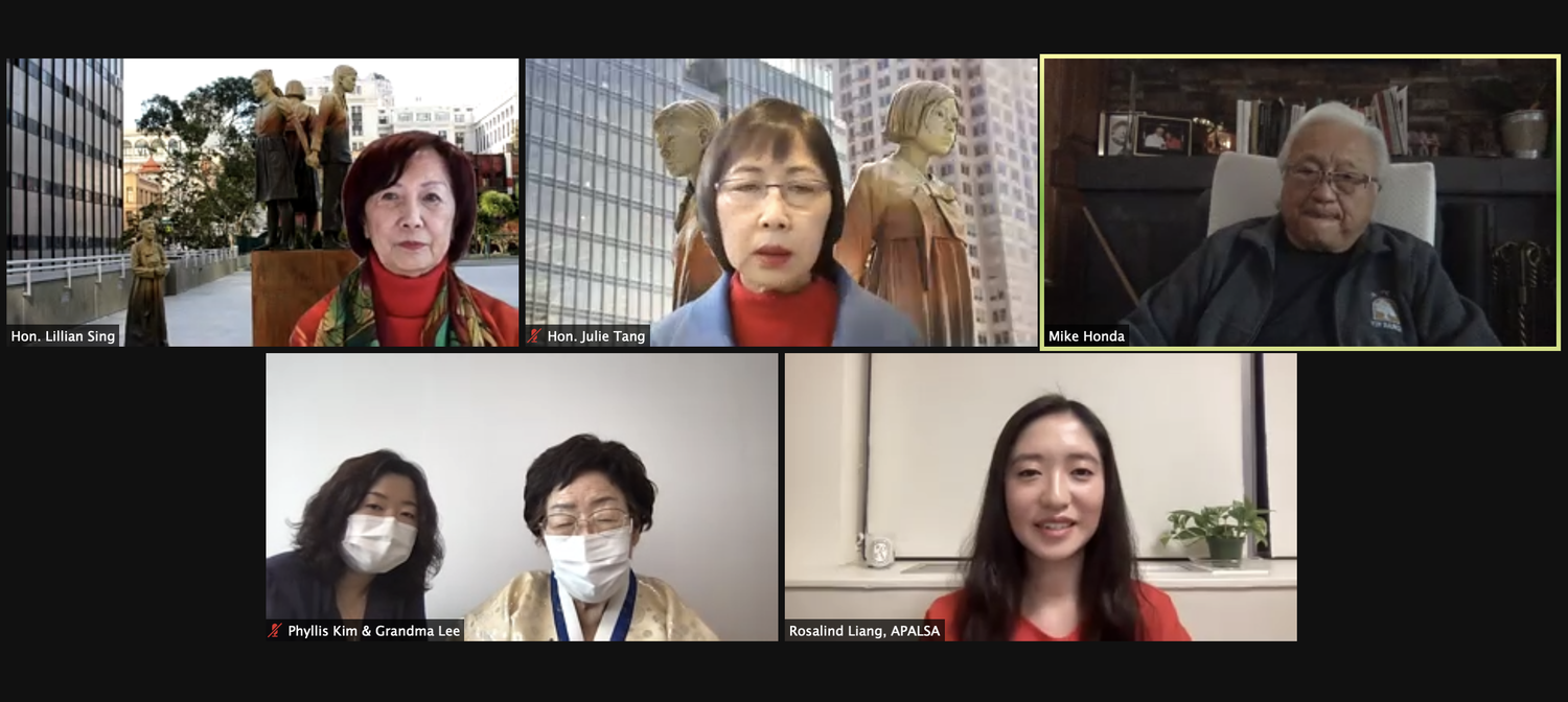 Lee Yong-soo, second from bottom left, a surviving comfort woman and activist, spoke alongside several advocates for comfort women at a webinar organized by the Harvard Asian Pacific American Law Students Association on Tuesday.