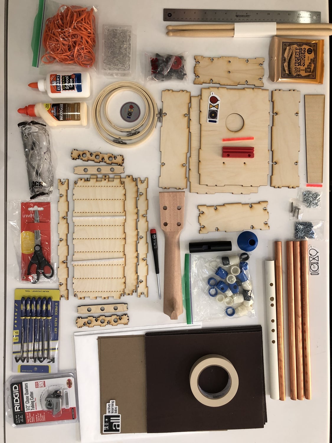 The lab kit sent to students in General Education 1080: How Music Works: Engineering the Acoustical World to allow them to complete projects at home during the remote semester.