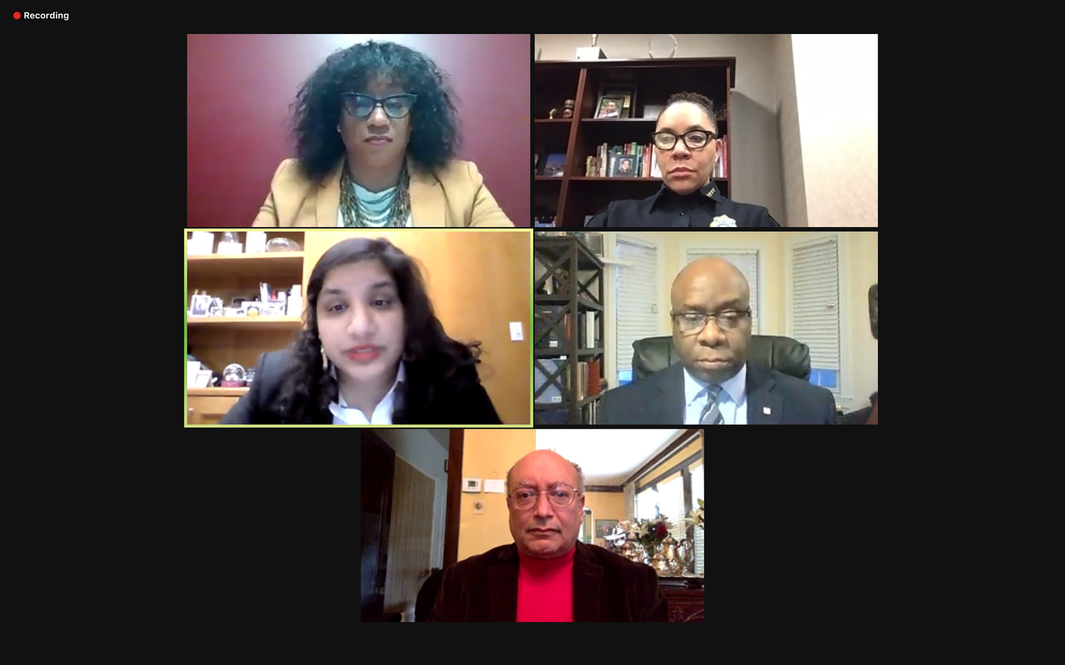Clockwise from top left, Cambridge Housing Authority Deputy Executive Director Brenda S. Downing, Cambridge Police Superintendent Christine A. Elow, Cambridge Chief Public Health Officer Claude A. Jacob, Harvard Medical School professor Michael C. Payne ’77, and Cambridge mayor Sumbul Siddiqui discuss the Covid-19 vaccine rollout and vaccine hesitancy among communities of color at a virtual town hall Tuesday.