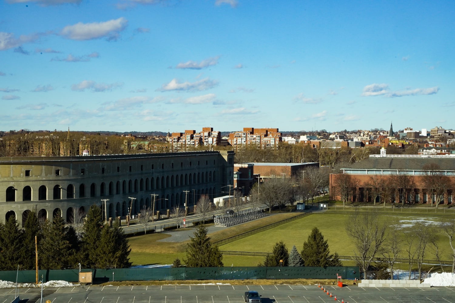 Harvard University Athletics Complex and Harvard Business School are on opposite sides of North Harvard Street. In a break with tradition, the Ivy League is allowing this year's seniors to compete in athletics as graduate students.