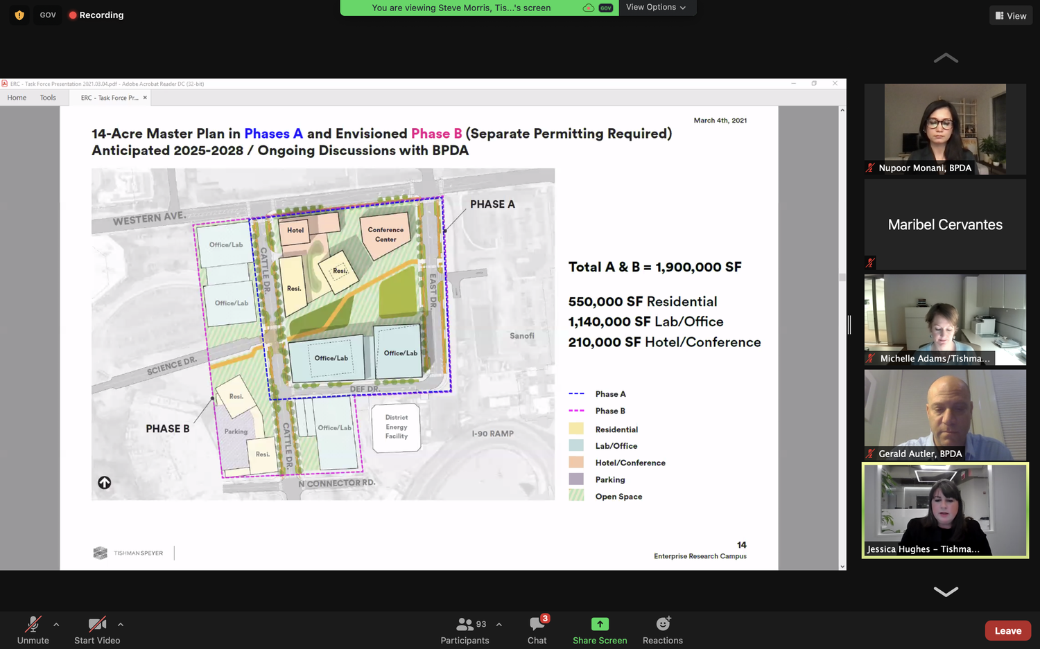 A diagram of Tishman Speyer's plans for the Enterprise Research Campus displayed during a meeting Thursday evening.