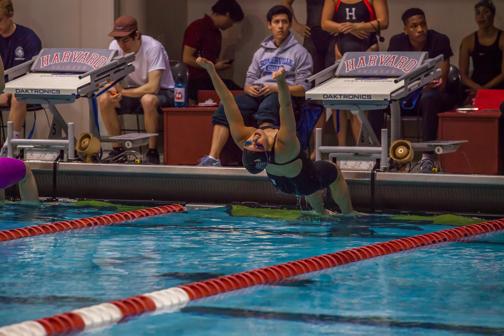 Tri-captain Cassandra Pasadyn explodes off the blocks into the backstroke. With the swim and dive season canceled this year, Pasadyn did not have the opportunity to get off the blocks, in part leading her to activate advanced standing and graduate early.