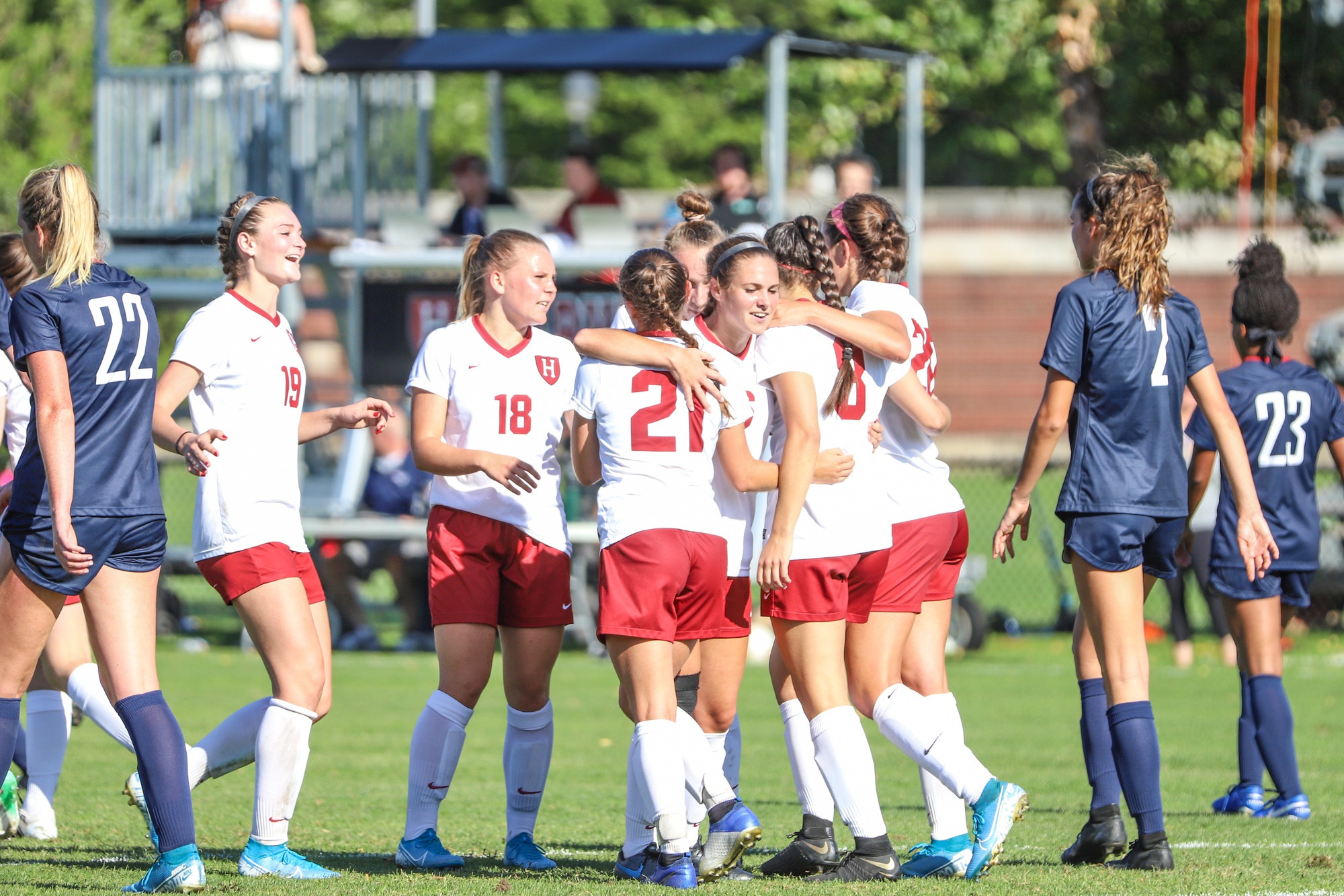 Schenk and teammates celebrate seconds after a goal by then-first-year Gabby DelPico (#21) in the 71st minute against Penn on Sept. 28, 2019. The strike would end up putting Harvard on top 1-0 in its first Ivy League conference game of the season.