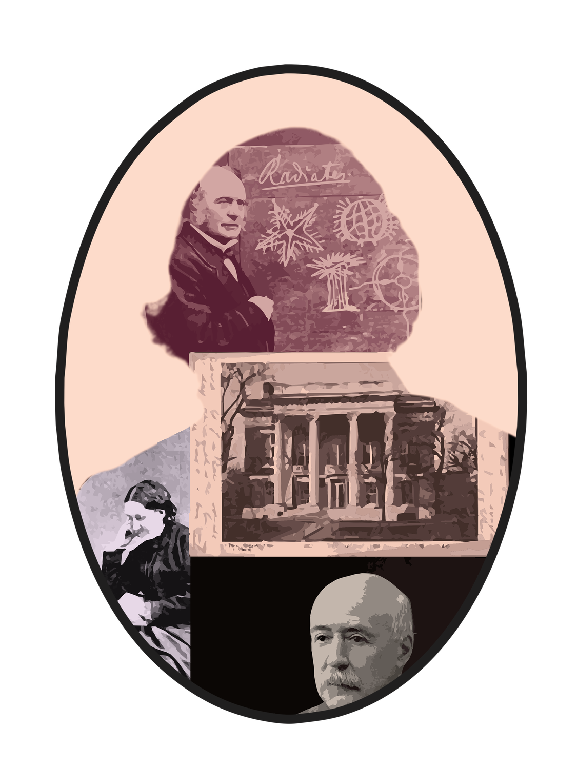 A portrait of Louis Agassiz, with photographs courtesy of the Peabody Museum of Archaeology and Ethnology, Harvard University and the Schlesinger Library, Radcliffe Institute, Harvard University.