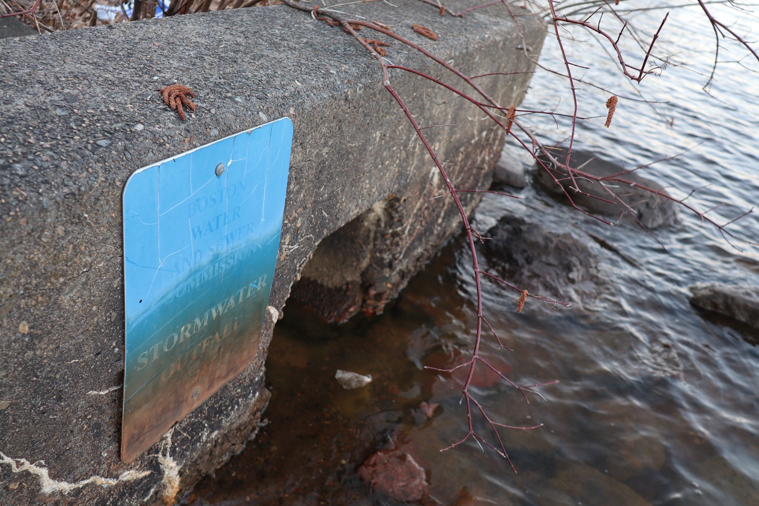 The proposed drainpipe would more than double the diameter of the current pipe, above, which flows out just north of the Western Avenue Bridge.