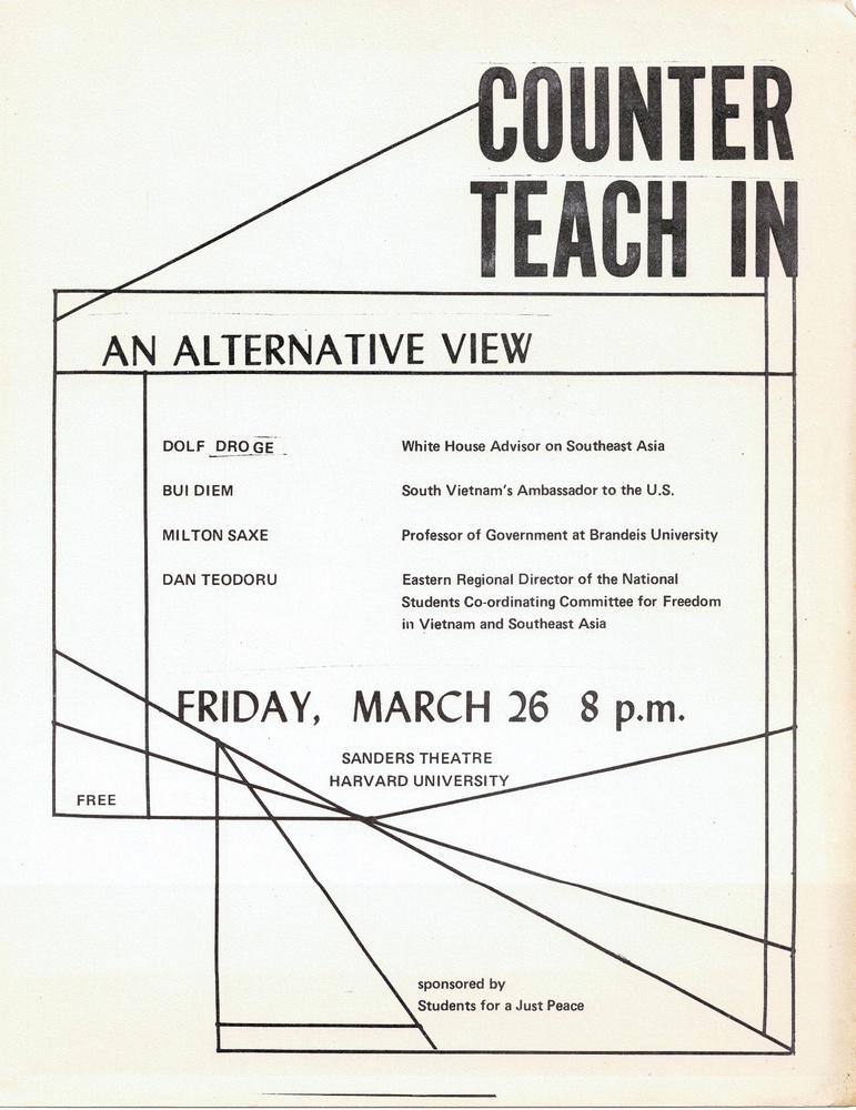 Laszlo Pasztor Jr. ’73, another SJP member, advertised the event in The Crimson as “an attempt to combat the overwhelming prevalence of ‘force-fed’ antiwar feeling at Harvard.”