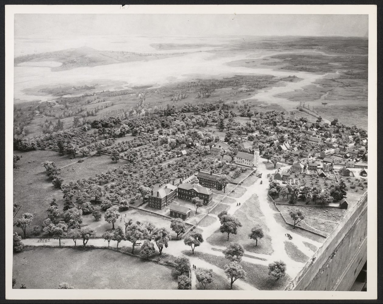 This 1947 photo shows the Pitman diorama of Harvard in 1775 looking down Cambridge Common. The year before campus became quarters for American militiamen amid the Revolution, Harvard Yard had only a dotting of colonial buildings.