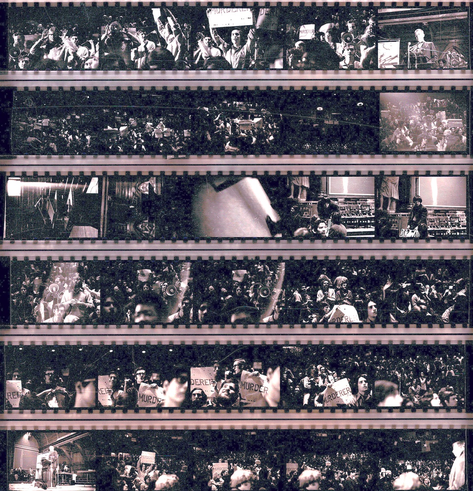 Contact sheets from photos taken at the Sanders Theatre protest.