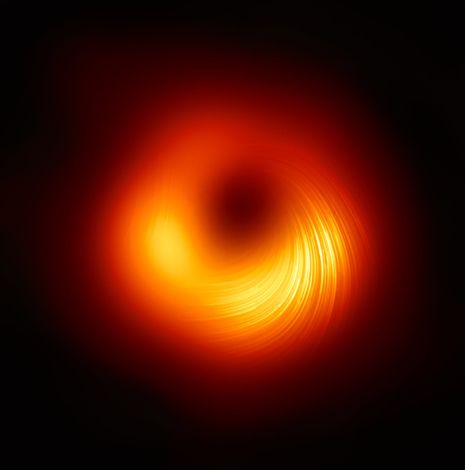 Researchers with the Event Horizon Telescope  collaboration captured the first-ever image of the polarized emission at the center of a black hole, which is a signature of magnetic fields.