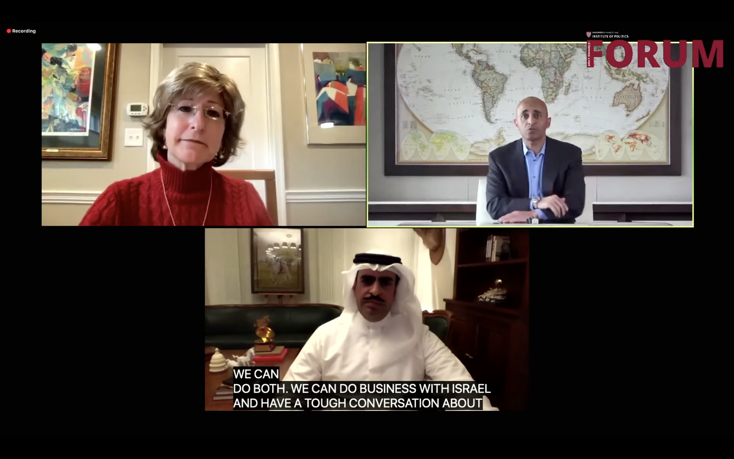 Clockwise from top left, former U.S. Agency for International Development Deputy Administrator Bonnie Glick, Ambassador of the United Arab Emirates to the U.S. Yousef Al Otaiba, and Ambassador of the Kingdom of Bahrain to the U.S. Shaikh Abdulla bin Rashid bin Abdulla Al Khalifa, discuss the Abraham Accords at an Institute of Politics event Friday.