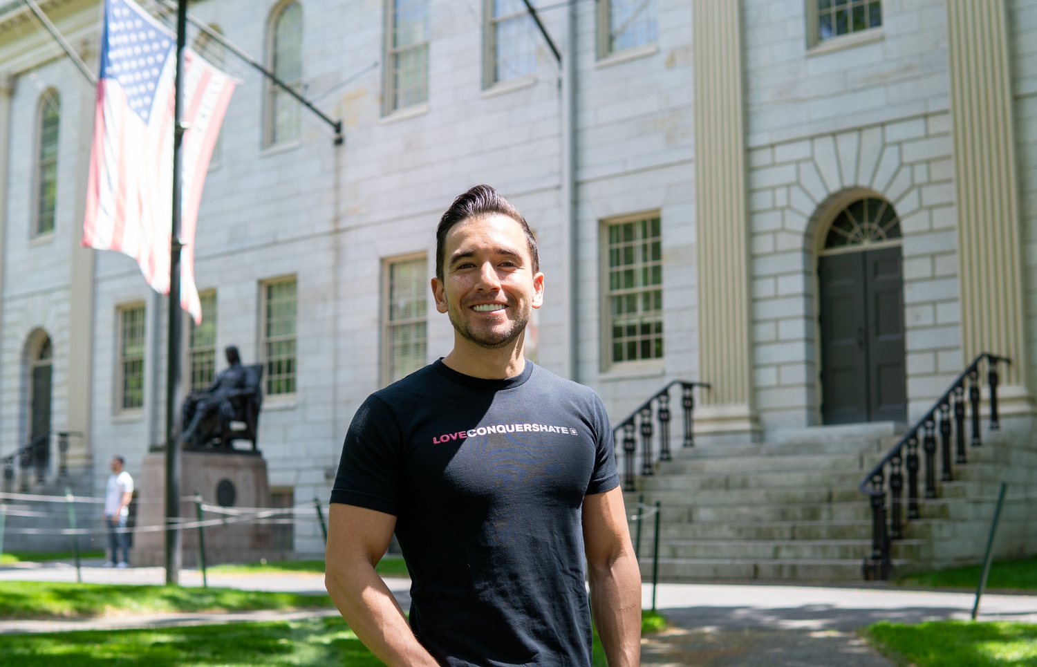 Diego Garcia Blum, a student at the Kennedy School, works on outreach for Secret Court 100, a group formed by Harvard students and faculty in 2020 to acknowledge the centennial of the Secret Court.