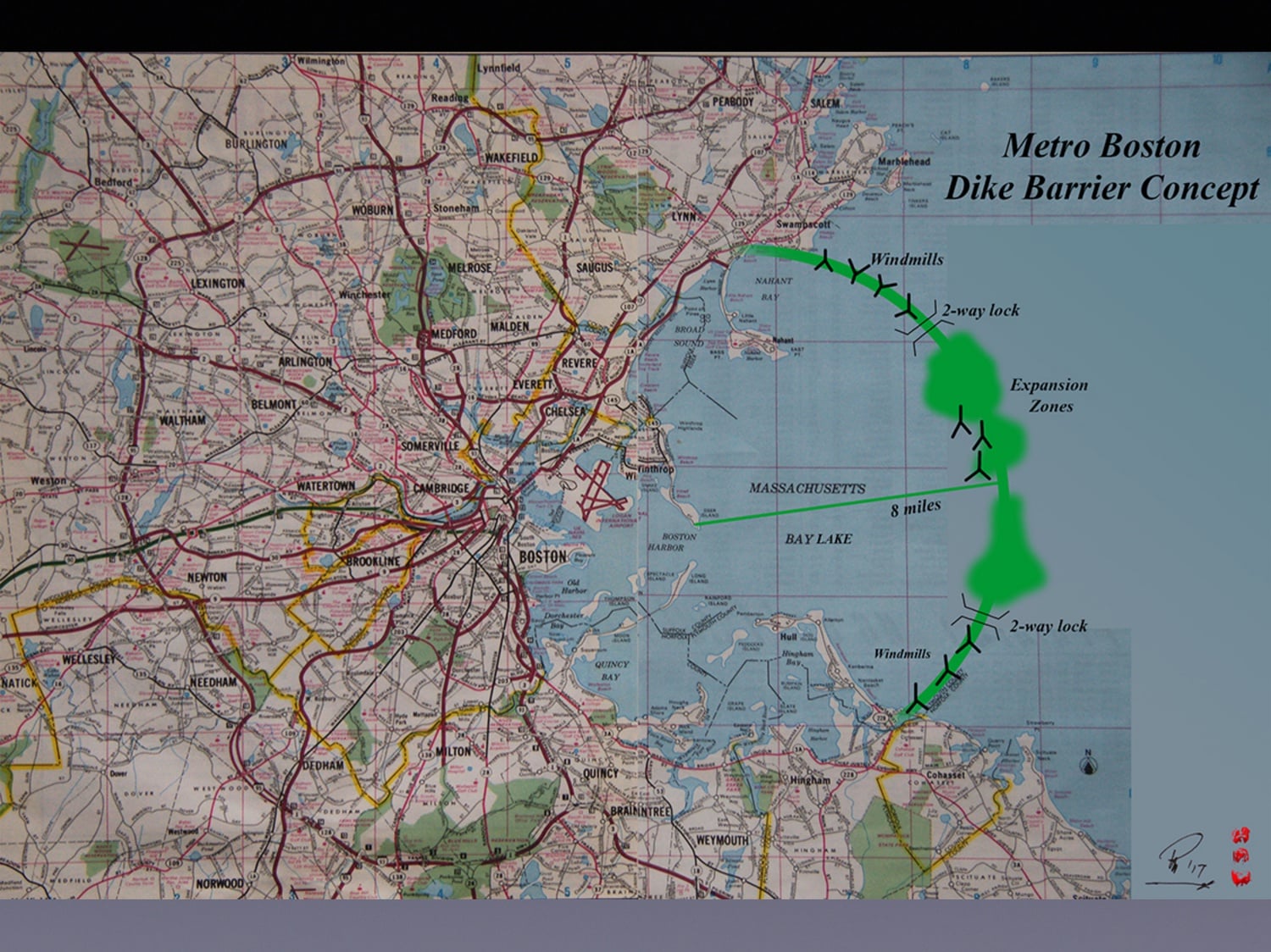 Architect Peter P. Papesch ’60 proposed a $50 to $80 billion dike barrier megaproject to defend against sea level rise that would encircle the Boston area from Lynn to Hingham, Mass.