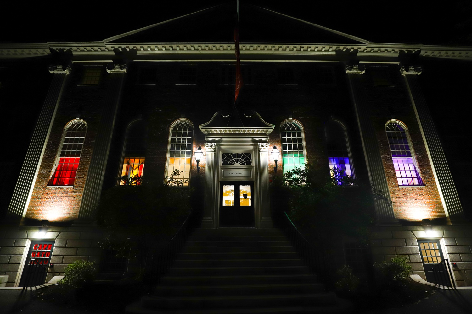 The University's expanded Pride Month programming this year included the illumination of the Graduate School of Arts and Sciences's Lehman Hall in rainbow colors.