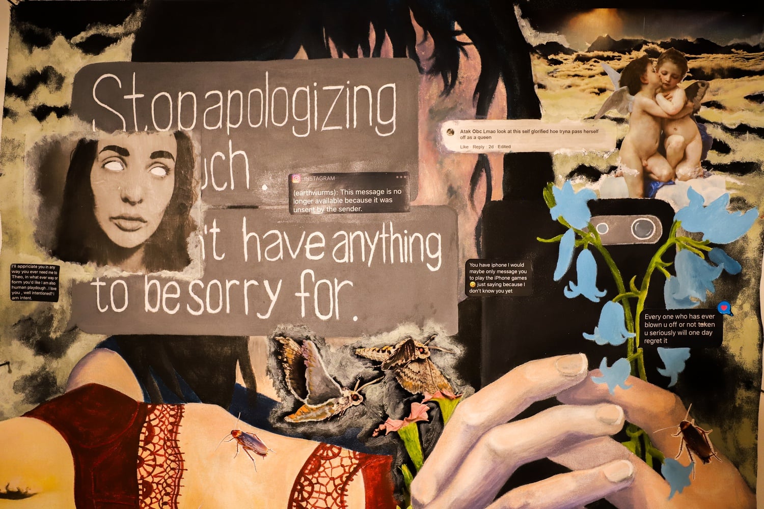 The Boston LGBTQIA+ Artist Alliance displays Theodora Earthwurms's acrylic and mixed media collage titled "afab" (assigned female at birth) in its showcase at the Distillery Gallery.