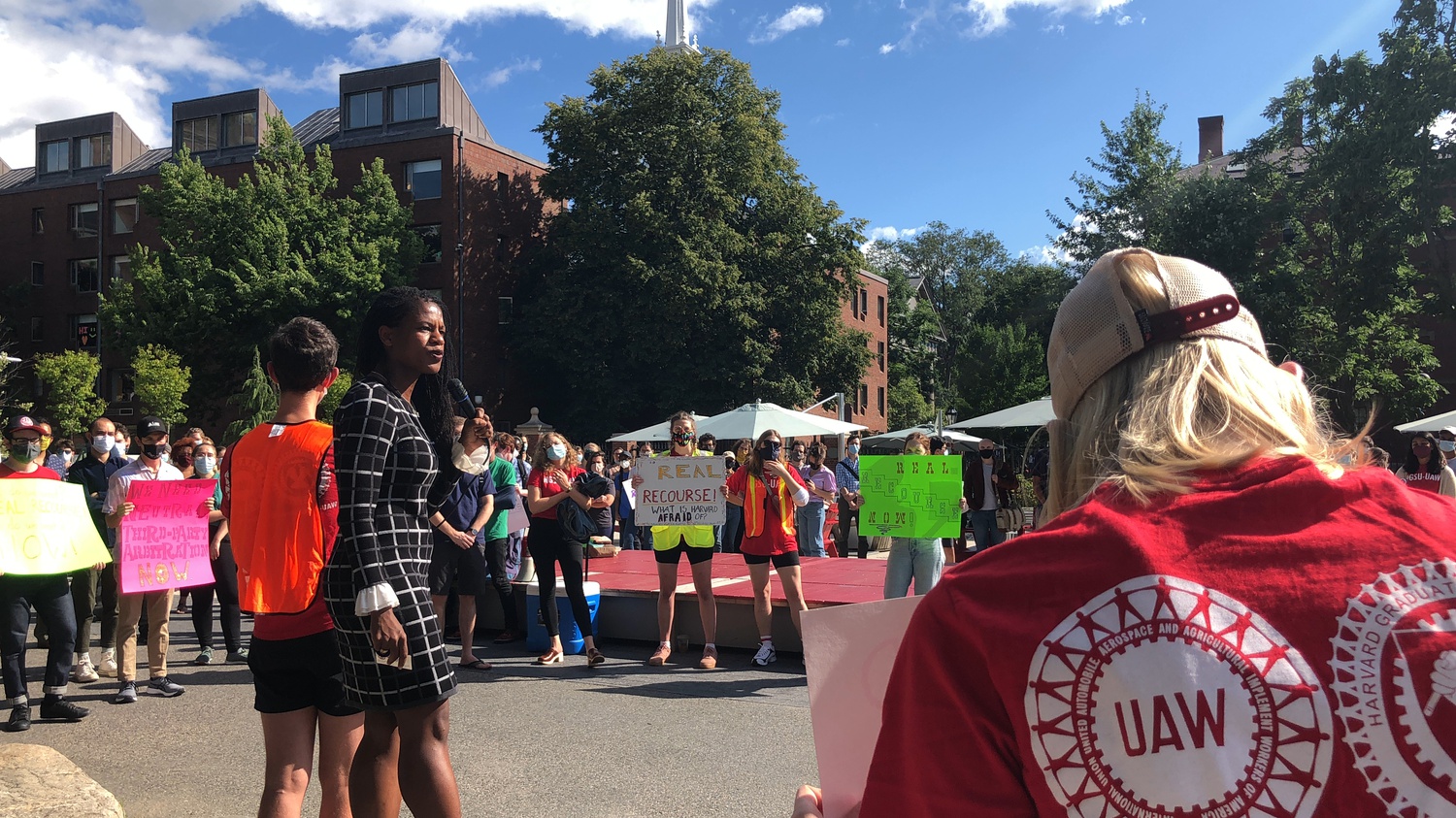 Boston City Councilor Lydia Edwards speaks at a rally for Harvard's graduate student union on Friday.
