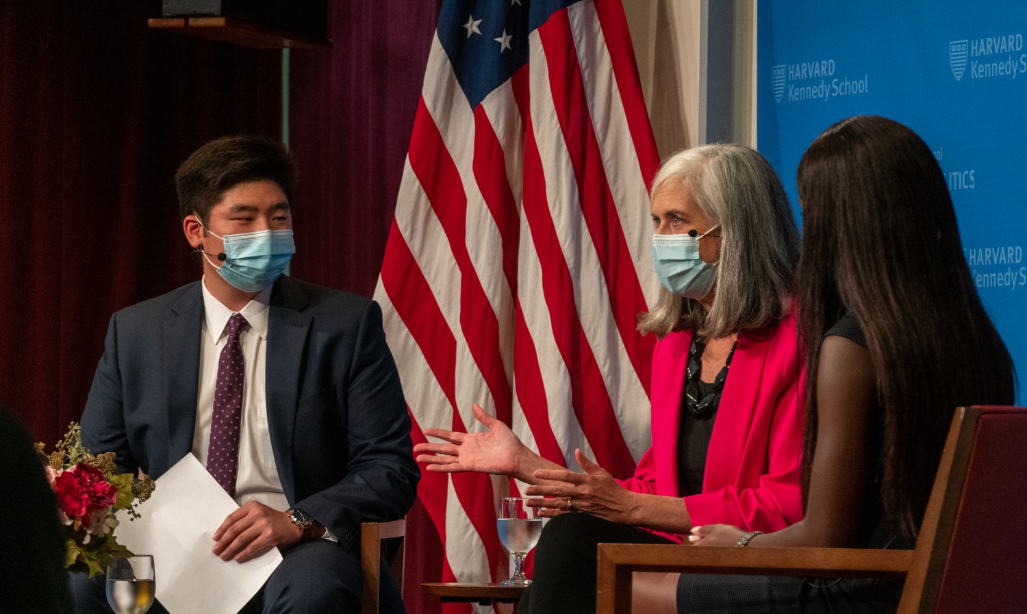 Representative Katherine M. Clark (D-Mass.) speaks at an IOP Forum event Thursday afternoon, moderated by Alexander K. Park '23, left, and Alexis A. Elliot '22, right.