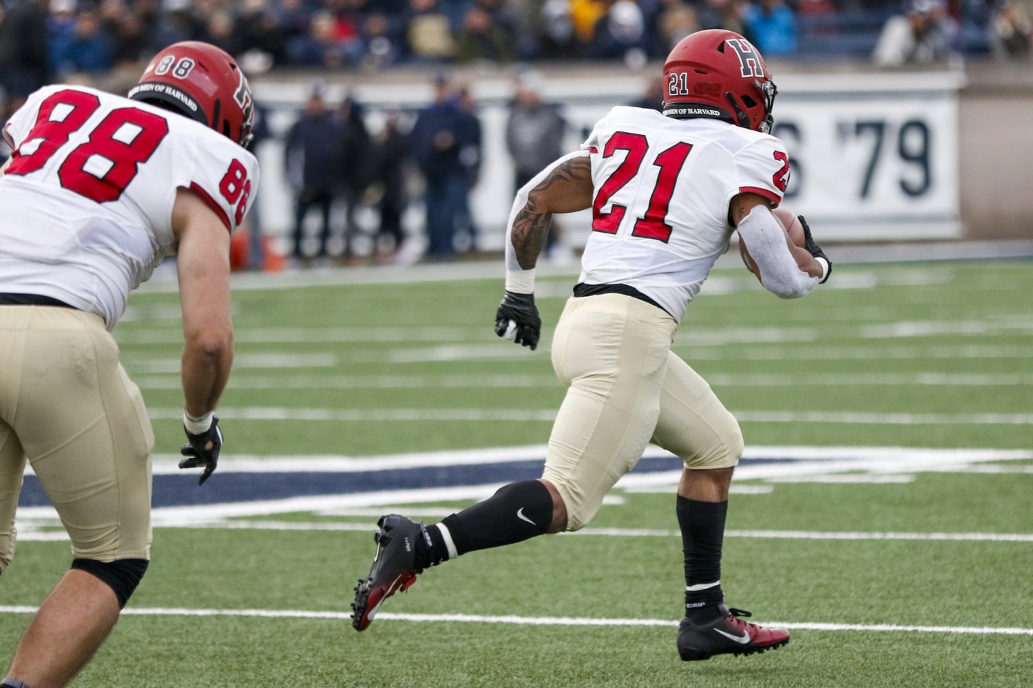 Sophomore running back Aidan Borguet, pictured above in 2019 against Yale, opened the Crimson's scoring attack on Saturday. Borguet posted a whopping 269 yards and four touchdowns in that Yale game, and against Georgetown, he earned 85 yards and a touchdown on seven carries.