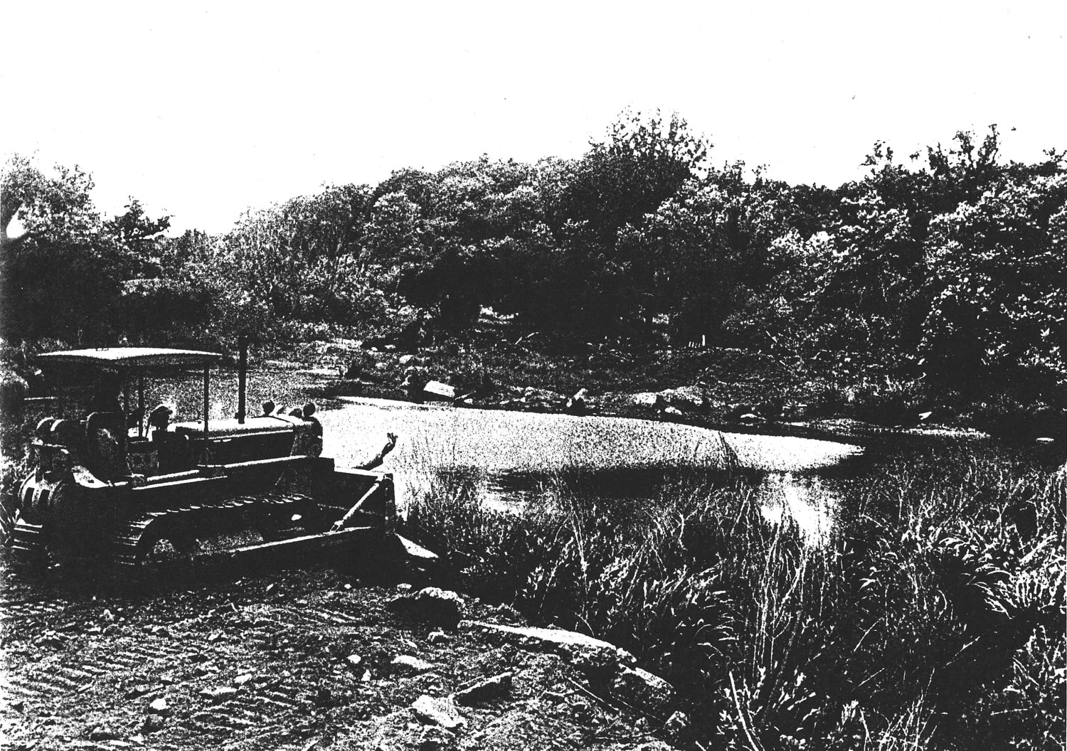 Following campus demonstrations, workers under the direction of Harvard and the City move granite blocks to partially fill in Muddy Pond in June, 1971 in this archival newspaper clipping.