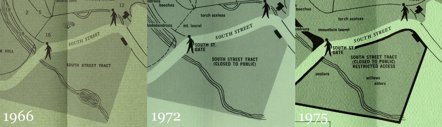 A side-by-side comparison of the South Street tract on visitor pamphlets from 1966, 1972, and 1975. After the pond filling, the tract was closed to the public.